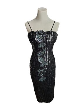 Vintage Full Sequined Beaded Black Floral Spaghetti Strap Cocktail Dress Size XS
